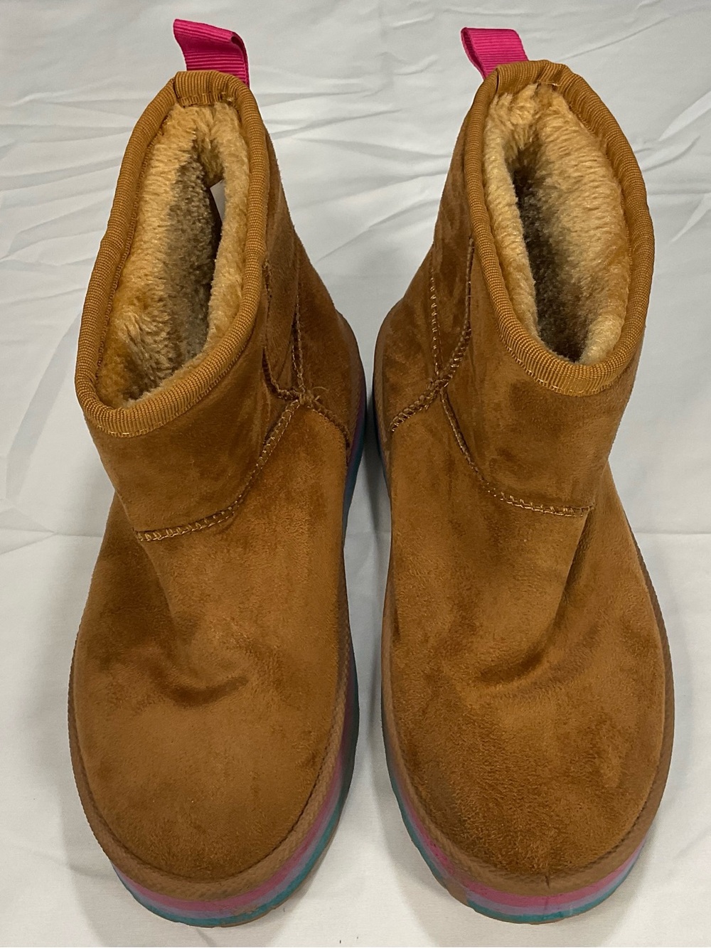 Brown Suede-Look Plush Lined Ankle Boots with Pink Pull Tabs